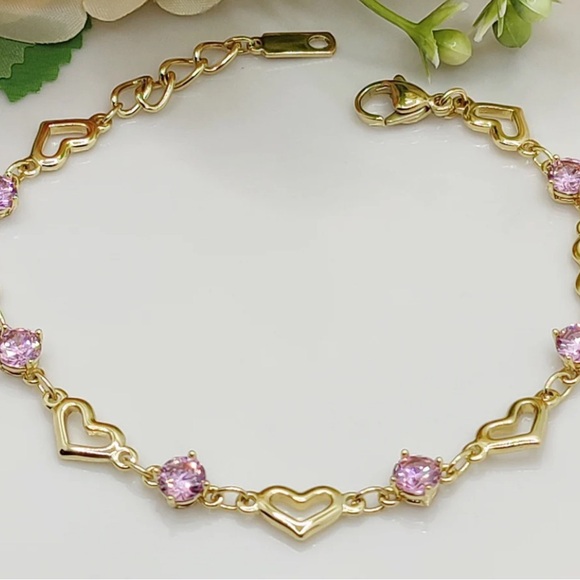 Heart Chain Bracelet CZ Pink Stone 14k Gold Plated - Picture 2 of 11